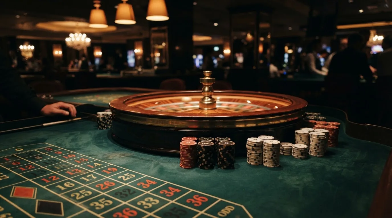 Rulettehjul og sjetonger på grønn filt i varmt kveldslys — 10 kr casinoer i norge