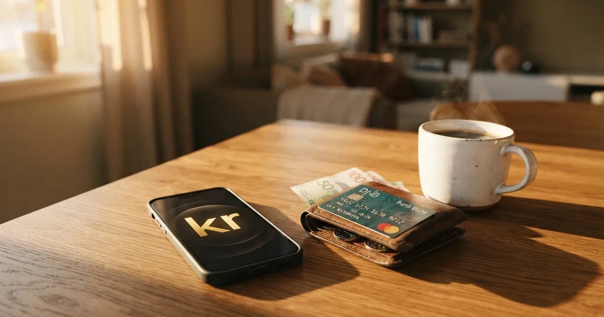 Mobiltelefon på et trebord ved siden av en lommebok og en kopp kaffe — 20 kr casinoer i norge