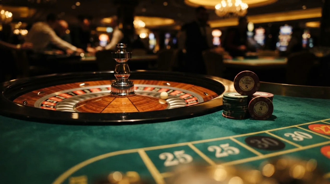 Rulettehjul og sjetonger på grønn filt i varmt kveldslys — 20 kr casinoer i norge