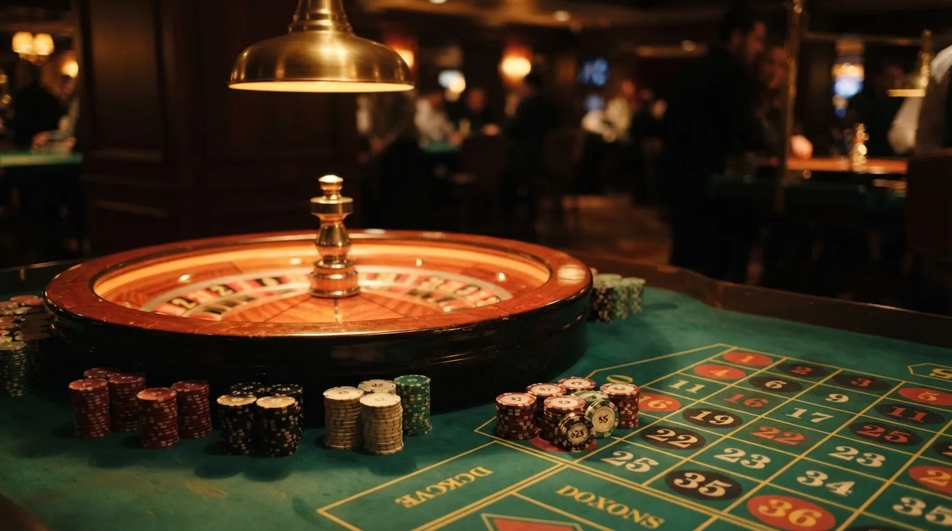 Rulettehjul og sjetonger på grønn filt i varmt kveldslys — anmeldelser av norske casinoer