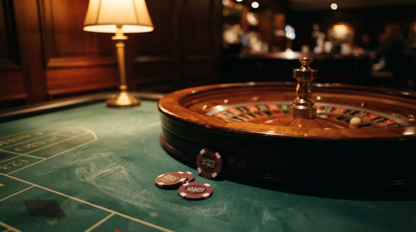 Rulettehjul og sjetonger på grønn filt i varmt kveldslys — beste blackjack i norge