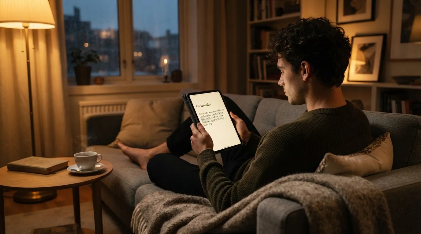 Ung mann som sitter i en sofa og leser rolig på et nettbrett med kaffekopp, varm stuebelysning og regn utenfor