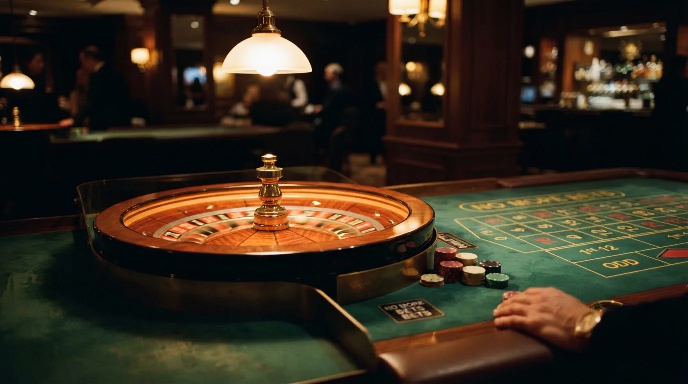 Rulettehjul og sjetonger på grønn filt i varmt kveldslys — beste casino spilleautomater