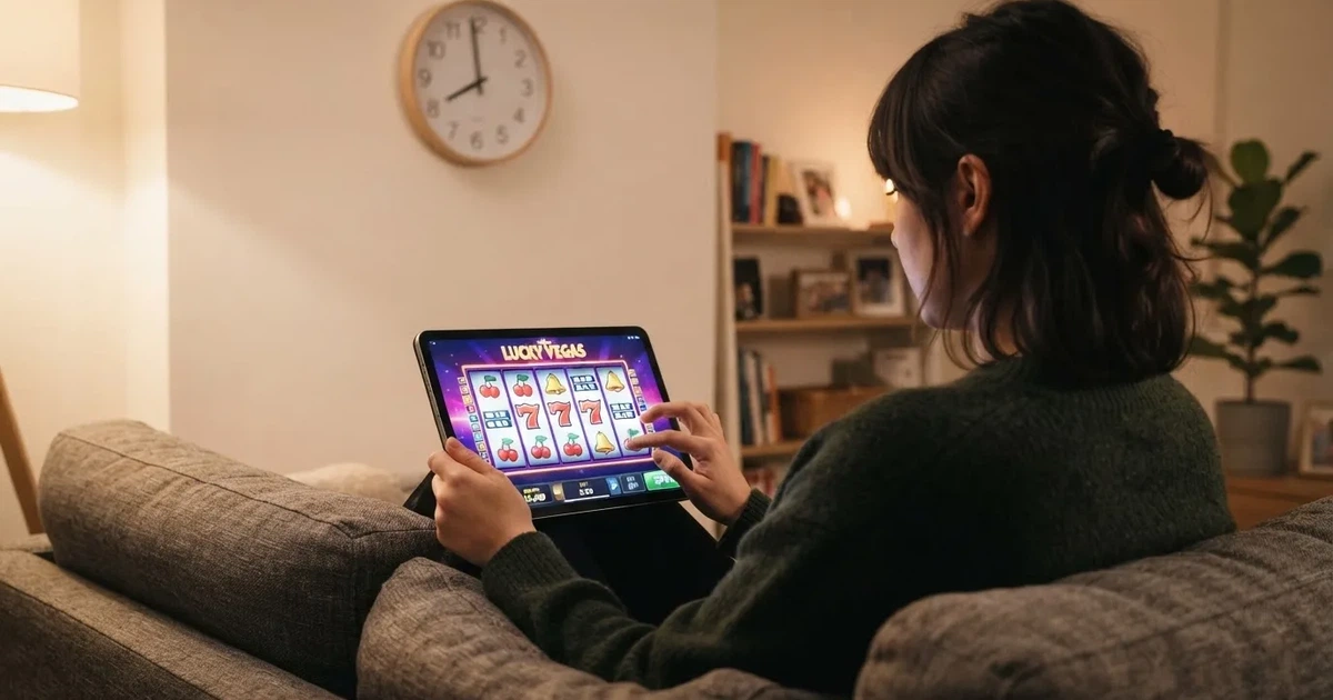 Person i en sofa ser ettertenksomt på et nettbrett, en klokke på veggen bak — beste casinobonuser i norge