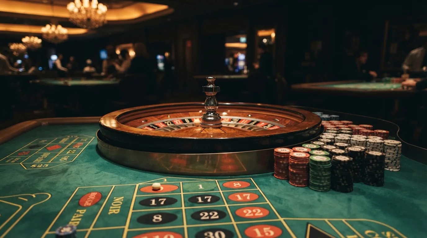 Rulettehjul og sjetonger på grønn filt i varmt kveldslys — beste casinobonuser i norge