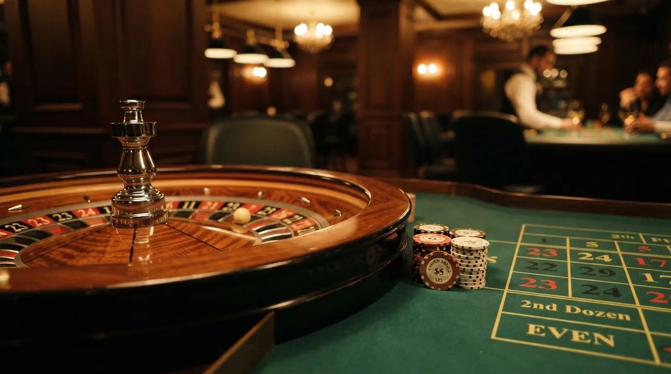 Rulettehjul og sjetonger på grønn filt i varmt kveldslys — beste casinoer med baccarat