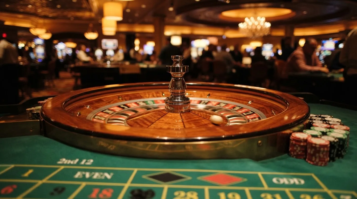 Rulettehjul og sjetonger på grønn filt i varmt kveldslys — beste casinoer med bingo