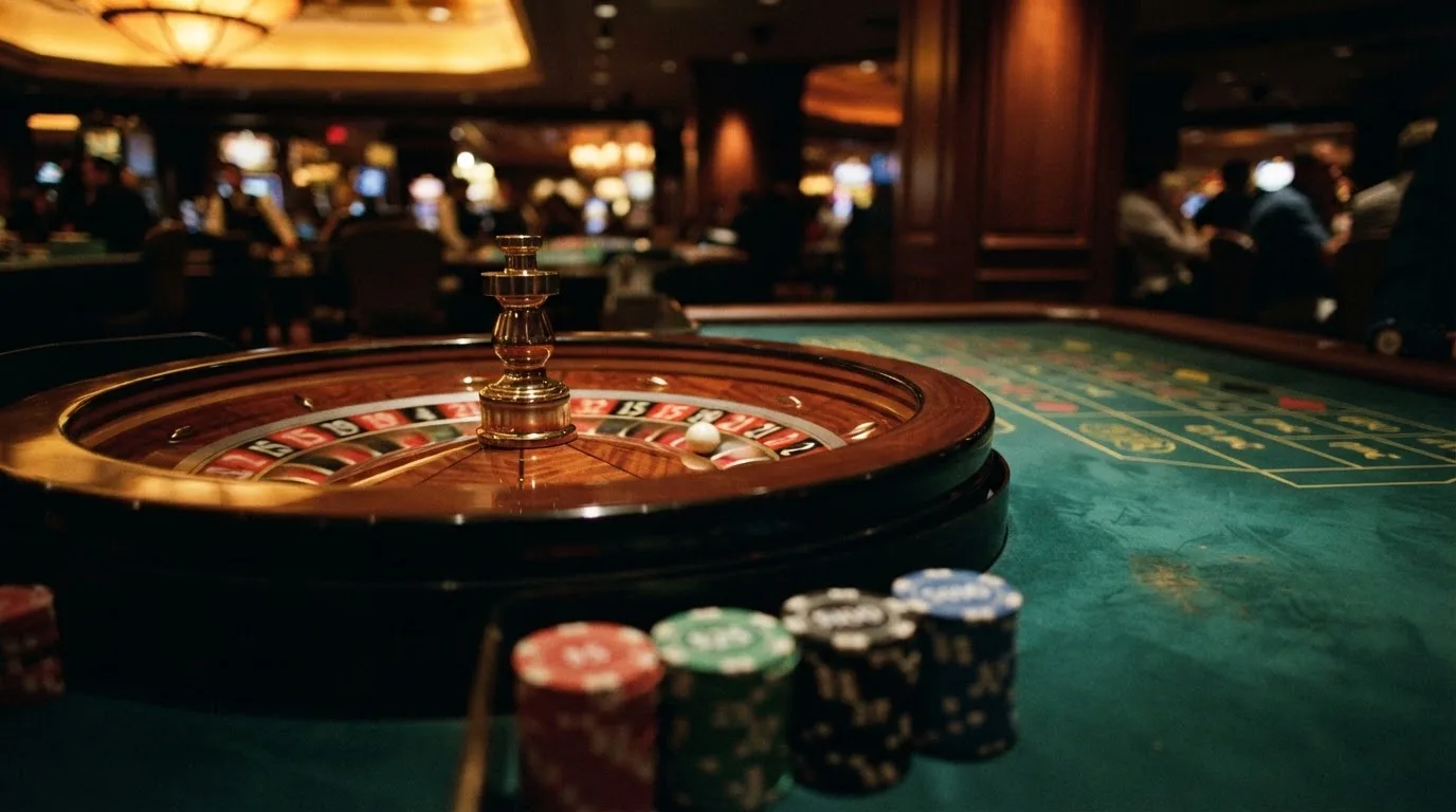 Rulettehjul og sjetonger på grønn filt i varmt kveldslys — beste utenlandske casinoer