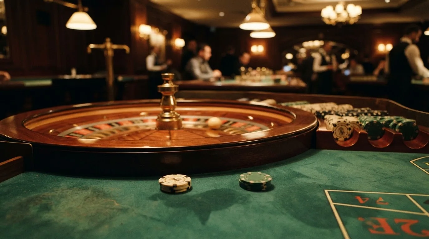 Rulettehjul og sjetonger på grønn filt i varmt kveldslys — casino slots in norway