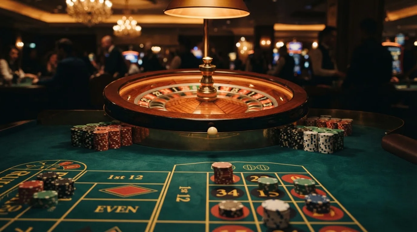 Rulettehjul og sjetonger på grønn filt i varmt kveldslys — casino tipping i norge