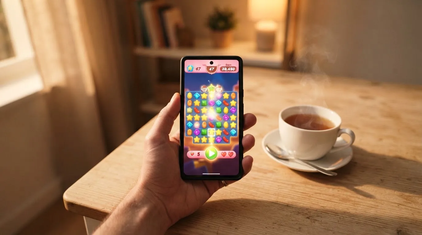 Hånd holder en mobiltelefon ved siden av en kopp te ved et kjøkkenbord en rolig kveld — casino uten lisens i norge