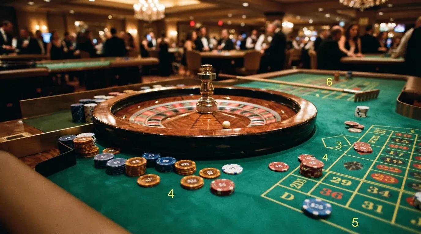 Rulettehjul og sjetonger på grønn filt i varmt kveldslys — casino uten lisens i norge