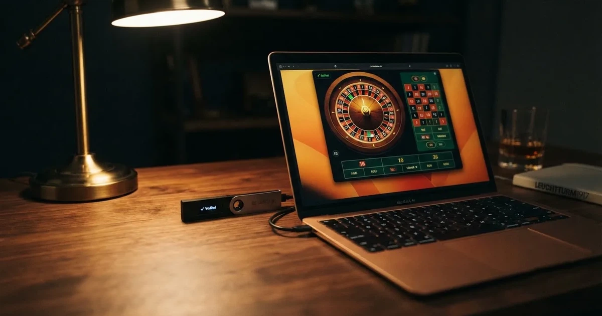Maskinvarelommebok og bærbar datamaskin på et skrivebord i dempet lys — casinoer med bitcoin i norge