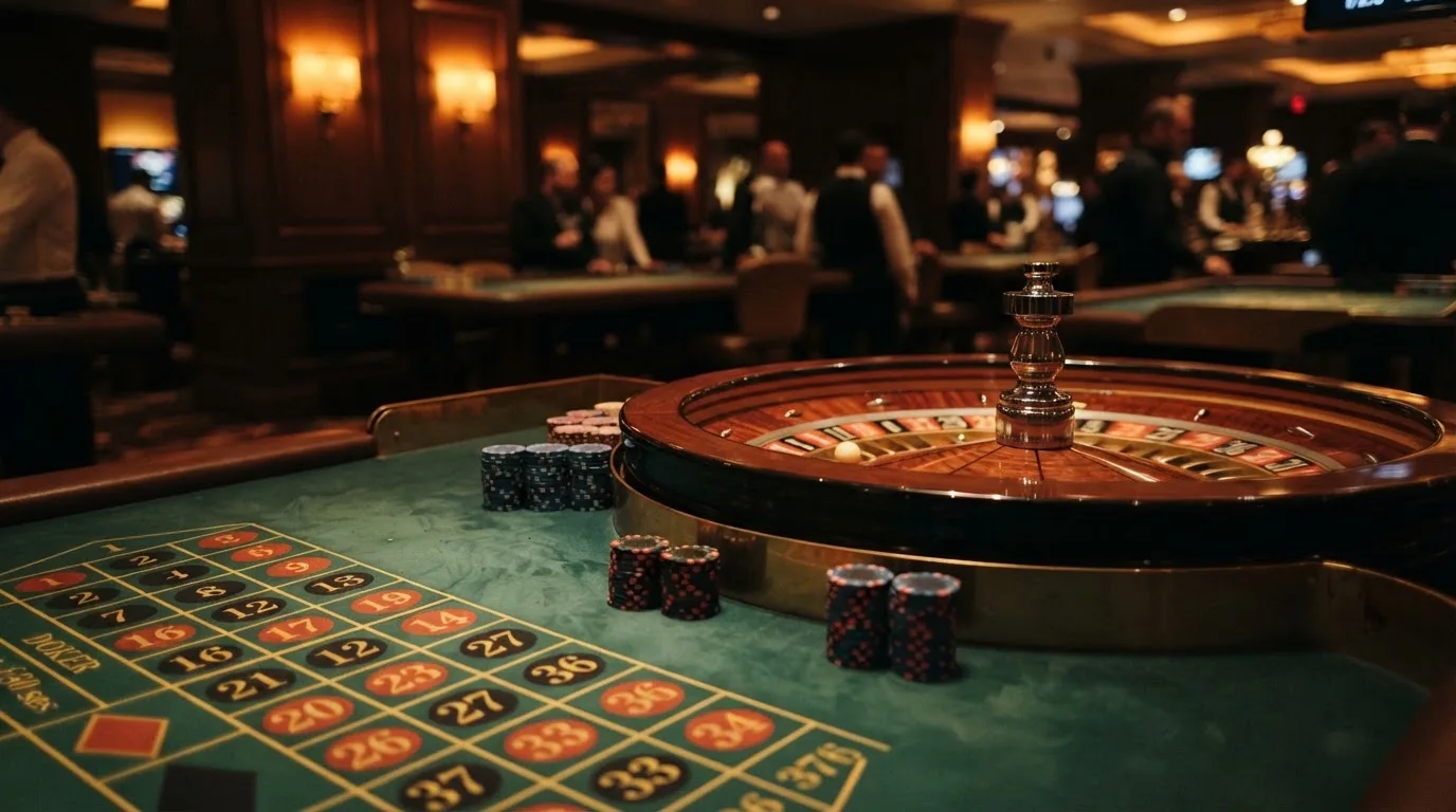 Rulettehjul og sjetonger på grønn filt i varmt kveldslys — casinoer med bitcoin i norge