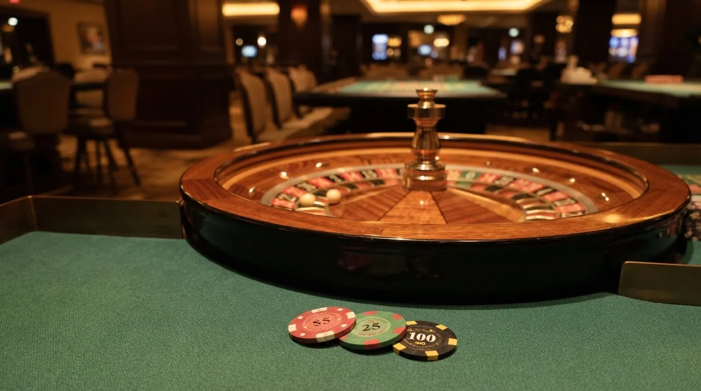 Rulettehjul og sjetonger på grønn filt i varmt kveldslys — casinoer med dogecoin i norge