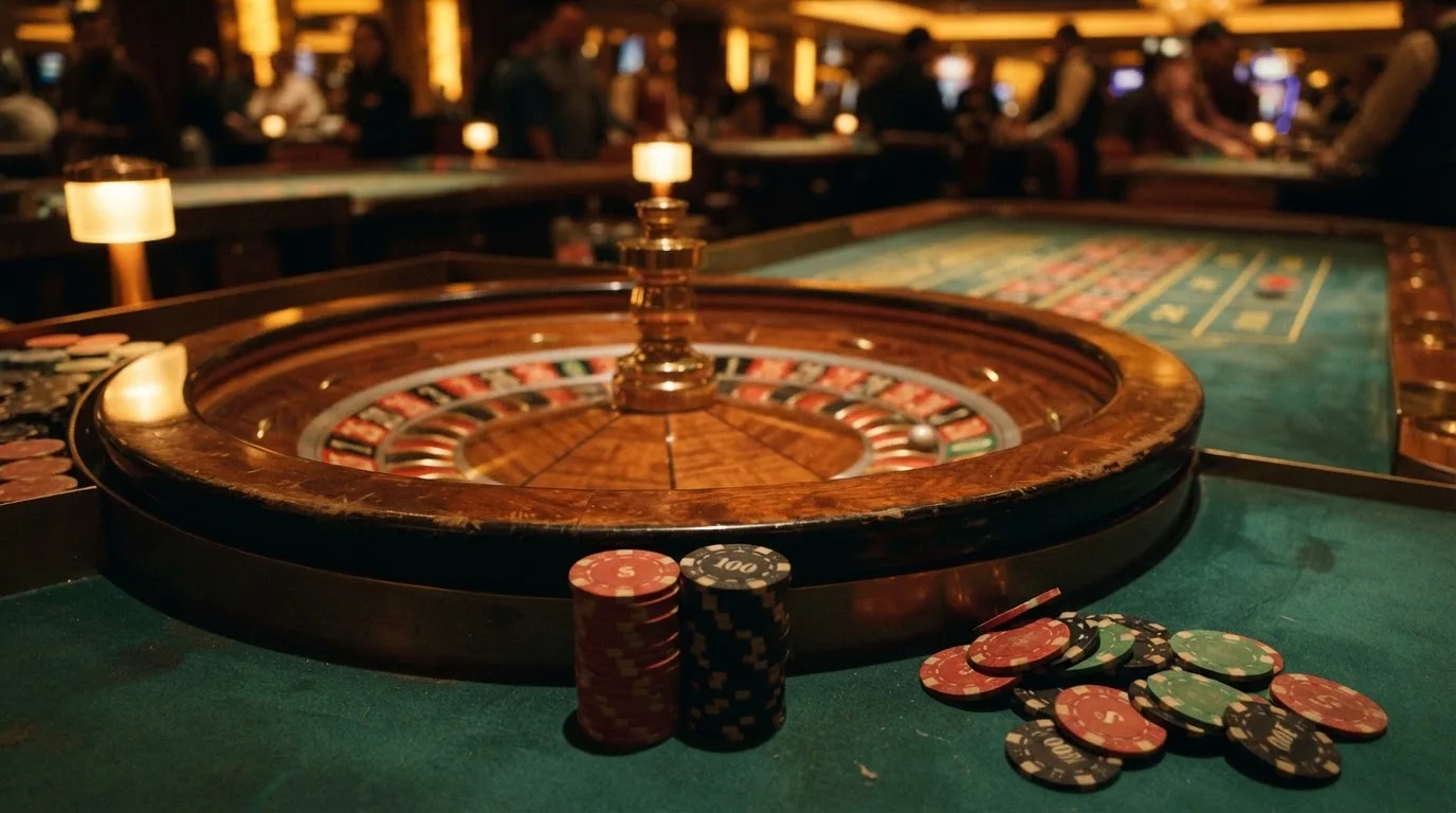 Rulettehjul og sjetonger på grønn filt i varmt kveldslys — live roulette in norway