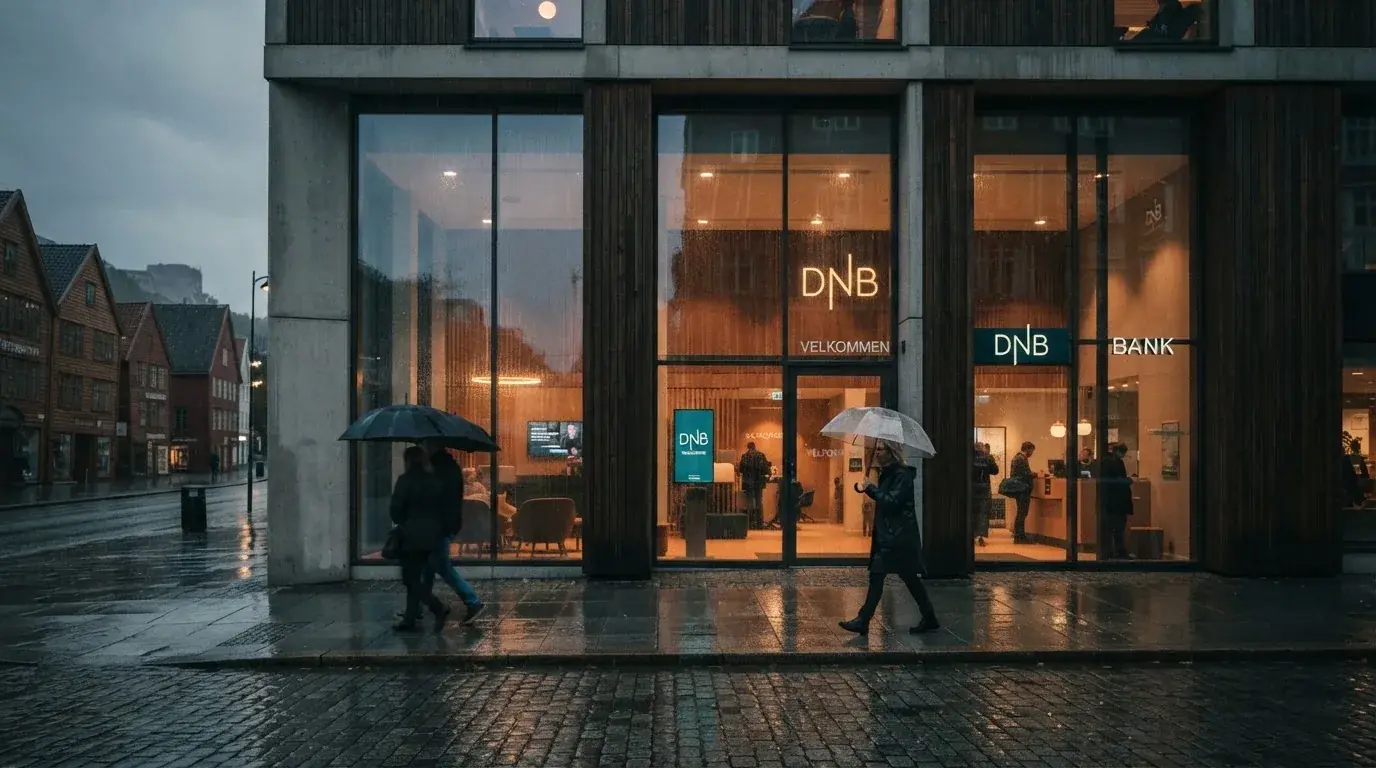 Bankfilial med store vinduer i en norsk by i regnvær, noen med paraplyer utenfor