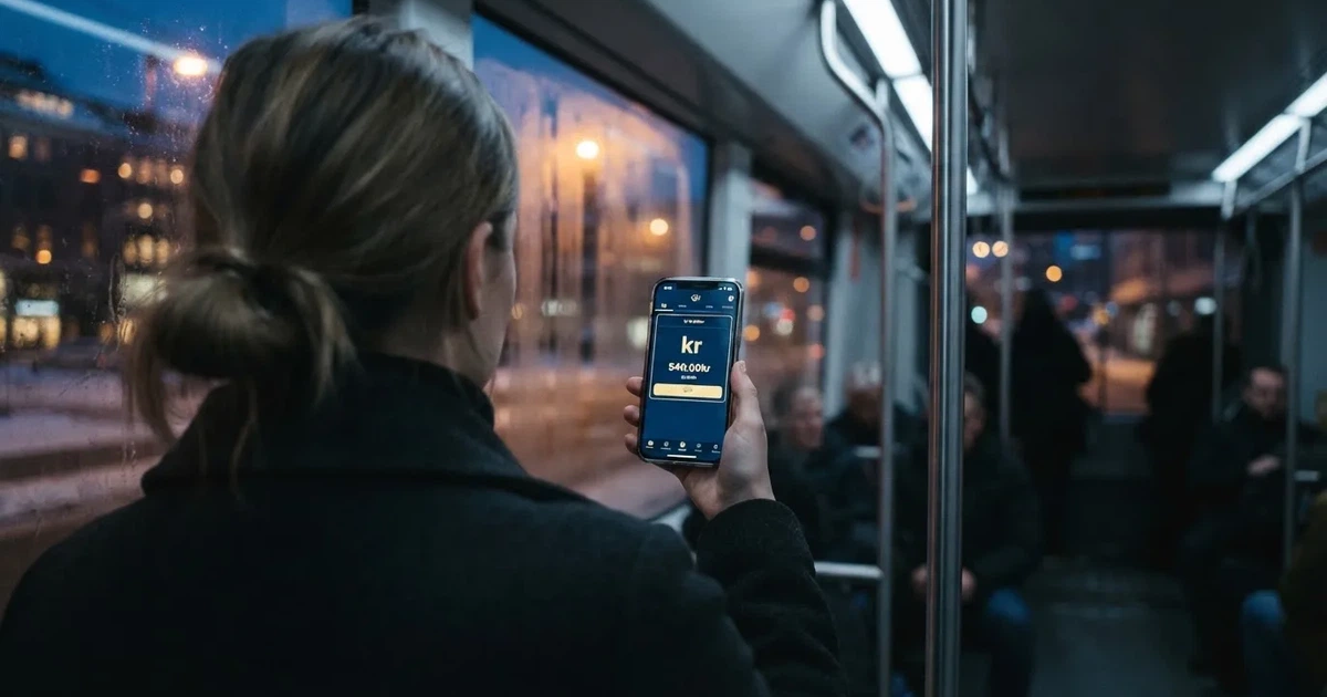 Mobiltelefon i hånden på trikken i Oslo en vinterkveld — norske casinoer på android