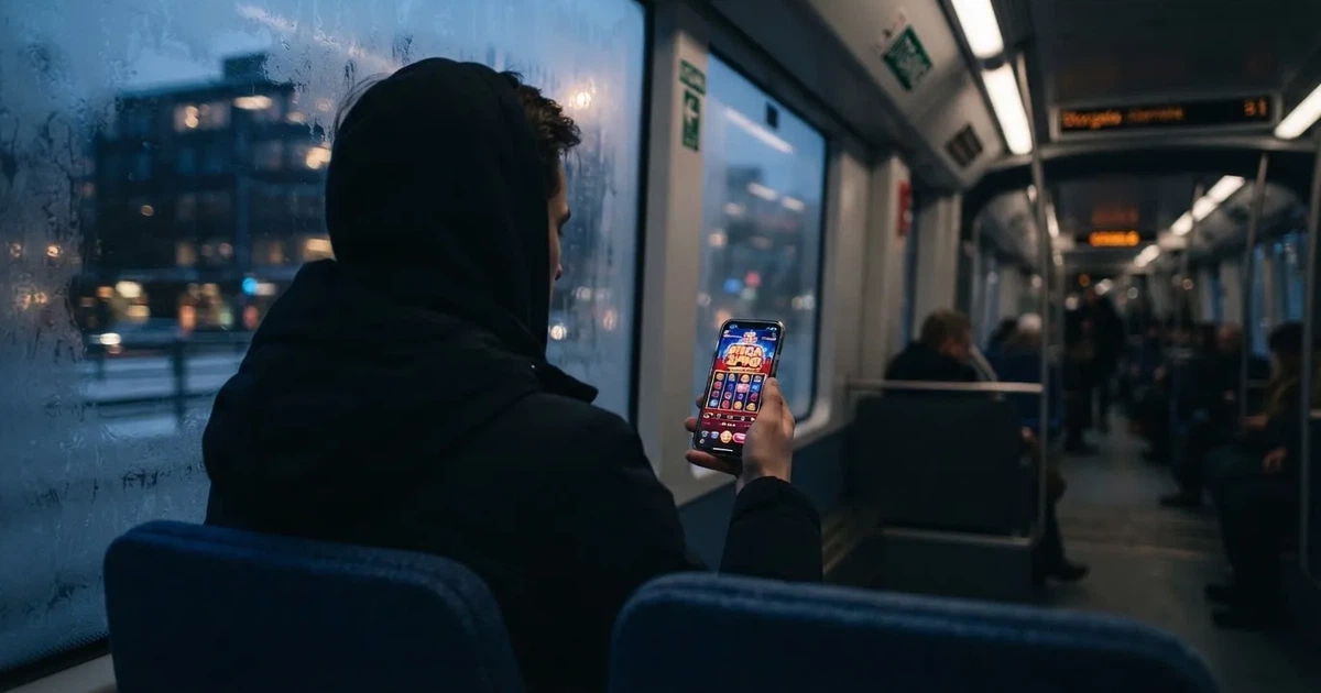 Mobiltelefon i hånden på trikken i Oslo en vinterkveld — norske casinoer på ios