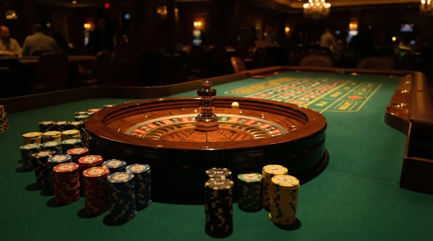 Rulettehjul og sjetonger på grønn filt i varmt kveldslys — norske casinoer på ios