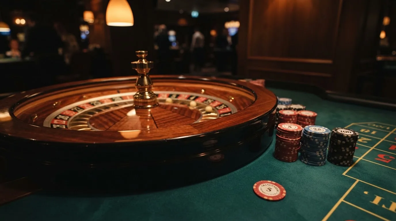 Rulettehjul og sjetonger på grønn filt i varmt kveldslys — norske casinoer på iphone